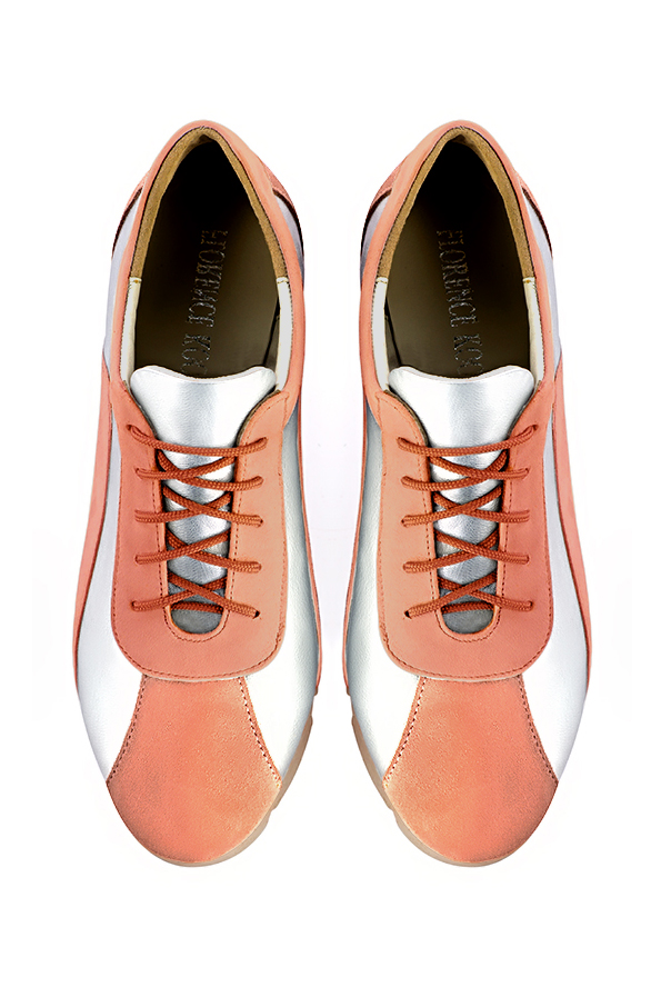 Peach orange and light silver women's three-tone elegant sneakers. Round toe. Flat rubber soles. Top view - Florence KOOIJMAN
